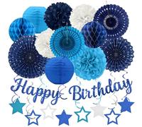 ZERODECO Lot de 29 décorations de fête d'anniversaire bleu marine pour hommes et garçons, bannières de félicitations, bandes de papier, lanternes et pompons en papier
