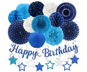 ZERODECO Lot de 29 décorations de fête d'anniversaire bleu marine pour hommes et garçons, bannières de félicitations, bandes de papier, lanternes et pompons en papier