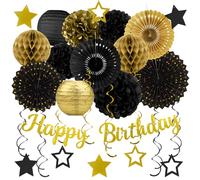 ZERODECO Lot de 29 décorations de fête d'anniversaire noires et dorées pour hommes et femmes, bannières de félicitations, bandes de papier, lanternes et pompons en papier