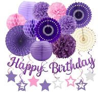 ZERODECO Lot de 29 décorations de fête d'anniversaire violettes Lavande rose violet pour femmes et filles, bannières de félicitations, bandes de papier, lanternes et pompons en papier