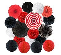 ZERODECO Papier Pompom Eventail Boule Nid d'abeille Décoration Salle Mariage Anniversaire Pâque Baptême Birthday (Noir Rouge Blanc)