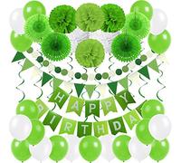 ZERODECO Vert Décoration de fête d'anniversaire, bannière de joyeux anniversaire avec ventilateur en papier pom poms tourbillon et ballon pour la décoration de fête d'anniversaire