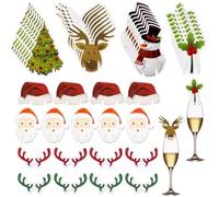 Zerodeko 80 Breloques en Bois pour Verre à Vin, Marqueurs Décoratifs de Noël Bonnet, Cerf Rouge et Vert, Père Noël, Sapin, Cloche, Bonhomme de Neige - Accessoires Festifs pour Fête
