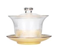 Zerodeko Bol à Thé en Verre Cristal Couvercle Doré, Motif Martelé, Épais et Isolant, pour Cérémonie du Thé Bureau ou Maison