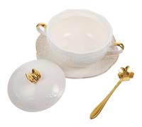 Zerodeko Bol en Céramique Blanc à Double Anse avec Couvercle, Résistant Chaleur, Surface Lisse, pour Cuisine, Set avec Cuillère et Disque Plusieurs styles