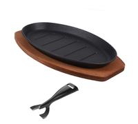 Zerodeko Cast Iron Steak Pan With Wooden Base Nonstick Teppanyaki Fajita Plate For Beef Seafood Vegetables High Temperature Resistant Griddle Easy To Clean Cooking Serveware