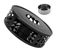 Zerodeko Chauffe-théière en Acier Inoxydable Noir à Trous Creux avec Porte-Bougie en Métal Argenté, Socle Chauffant pour Théière, Support Chauffe-thé Domestique pour Maison et Salon de Thé