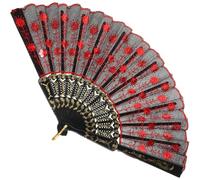 Zerodeko Éventail espagnol rouge avec paillettes - Éventail pliable pour mariage et performance de danse - Élégant éventail rouge dentelle pour carnaval et fête (43 x 23 cm)