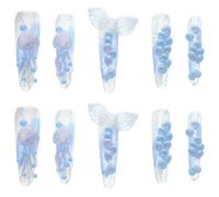 Zerodeko Faux Ongles Sirène Amande Avec Motifs Marins Autocollants Pour Ongles Méduse French Manucure à Coller
