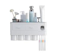 Zerodis Porte-Brosse à Dents Mural, Support à Ventouse sans Perçage, Tasse Inversée, Support, étagère de Toilette Supérieure, Tiroir Central, Boîte de (4 Tasses Grises (38,4x11,3