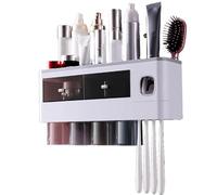 Zerodis Porte-Brosse à Dents Mural, Support à Ventouse sans Perçage, Tasse Inversée, Support, étagère de Toilette Supérieure, Tiroir Central, Boîte de (4 Tasses Gris translucide)