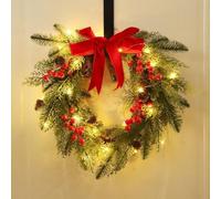 Zeroupshop Couronne de Noël avec baies rouges et grand nœud à suspendre à la porte d'entrée Décoration pour la saison des vacances Intérieur ou extérieur 45 x 40 cm (couronne avec lampe)