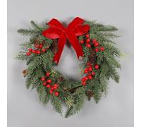 Zeroupshop Couronne de Noël avec baies rouges et grand nœud à suspendre pour porte d'entrée - Décoration pour la saison des vacances - Intérieur et extérieur - 45 x 40 cm (couronne sans lumière)