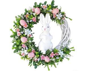 Zeroupshop Couronne de Pâques avec lapin et œufs, 27 cm, guirlande de porte de printemps en acrylique, décoration florale multicolore à suspendre pour porte d'entrée, mur, cheminée, décoration de fête