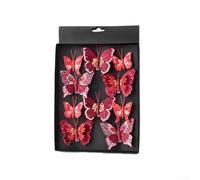 Zeroupshop Lot de 10 décorations de sapin de Noël en forme de papillon creux scintillant, bleu, doré, vert, rouge, rose à paillettes (rouge)