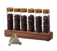 zeryor Lot de 6 tubes de rangement hermétiques pour grains de café en verre avec support en bois de noyer et entonnoir scellés avec couvercles pour station de café de cuisine