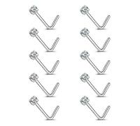ZeSen Jewelry Lot de 6 à 14 piercings de nez en acier inoxydable 20 g en forme de L avec oxyde de zirconium, 20g (0.8mm) x 7mm, Acier inoxydable et oxyde de zirconium, Zircone cubique