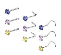 ZeSen Jewelry Lot de 6 à 14 piercings de nez en acier inoxydable 20 g en forme de L avec oxyde de zirconium, 3mm, Zircone cubique, Zircon cubique