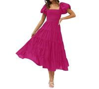 ZESICA Robe d'été 2023 à col carré et manches courtes bouffantes de couleur unie - Taille haute - Décontractée - Robe midi à volants, rose, Taille XS