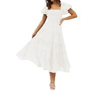 ZESICA Robe d'été 2023 à Volants et col carré, Manches Courtes Bouffantes, Unie, Taille Haute, décontractée, smockée, Ligne A, Blanc, L