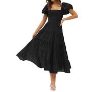 ZESICA Robe d'été 2023 pour Femme - Col carré - Manches Courtes Bouffantes - Couleur Unie - Taille Haute - Décontractée - Smocké - Robe midi à Volants, Noir, S