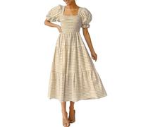 ZESICA Robe d'été 2025 bohème à Carreaux et Manches Bouffantes à Volants pour Femme, Beige, Taille M