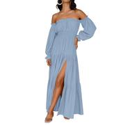 ZESICA Robe Longue à Volants Style bohème Sexy à Manches Longues et épaules dénudées - Taille Haute - Fente sur Le côté - pour Femme, Bleu pâle, M
