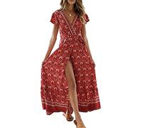 ZESICA Robe Longue pour Femme 2025 avec col en V et Manches Courtes - Imprimé Floral bohème, Rouge Litchi, Taille M