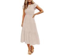 ZESICA Robe mi-Longue décontractée à Volants et Manches Courtes pour Femme, col Ras du Cou, froncée, Taille élastique, été, Abricot, Taille S