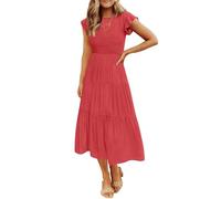 ZESICA Robe mi-Longue smockée décontractée à Volants et Manches Courtes pour Femme, col Rond, froncée, Taille élastique, été, Taille M