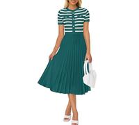 ZESICA Robe midi décontractée à Rayures pour Femme - Col Rond - Manches Courtes - Boutons - en Tricot côtelé - Robe trapèze plissée, Vert foncé, Taille M