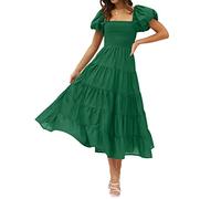 ZESICA Robe midi d'été à volants pour femme - Col carré et manches bouffantes - Couleur unie - Taille haute - Décontractée - Coupe trapèze, Vert forêt, Taille XL