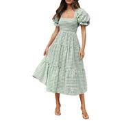 ZESICA Robe midi d'été bohème 2023 à Carreaux et Manches Bouffantes à Volants pour Femme, Vert, S