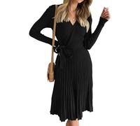 ZESICA Robe Pull trapèze plissée à Manches Longues et col en V pour Femmes, Robe en Maille côtelée avec Ceinture
