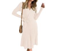 ZESICA Robe Pull trapèze plissée à Manches Longues et col en V pour Femmes, Robe en Maille côtelée avec Ceinture