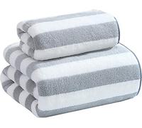 ZESLIV Lot de 2 serviettes de bain 70 x 140 cm + 35 x 75 cm - Serviette de bain rayée - En flanelle - Gris