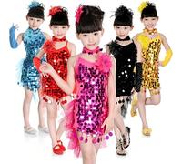 ZESLIV Robe de danse latine à paillettes avec pompons pour enfants, salsa, samba, rumba, tango, jazz, carnaval, performance, compétition, rose-rouge 150