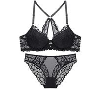 ZESLIV Soutien-gorge push-up pour femme avec fermeture avant et ensemble de culottes, soutien-gorge push-up avec armatures, en dentelle pour femme, Noir , 75C (BH) + M (Panty)