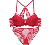 ZESLIV Soutien-gorge push-up pour femme avec fermeture avant et ensemble de culottes, soutien-gorge push-up avec armatures, en dentelle pour femme, rouge, 75C (BH) + M (Panty)