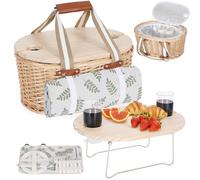 Zettfuly Ensemble de paniers de pique-nique pour 2 personnes - Panier en osier isotherme avec couverture imperméable, table de pique-nique pliable pour ensembles de vin et de couverts, ensemble de