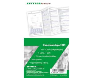 Zettler - Recharge de calendrier 2025, 8,8 x 15,2 cm, pour planificateur de poche de type 501, dans un emballage en film, 1 mois sur 1 page, comptage quotidien, hebdomadaire et jour ouvrable et