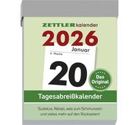 Zettler Tagesabreißkalender M 2026 5,4x7,2 cm Bürokalender 1 Tag auf 1 Seite mit Sudokus, Sprüchen, Rätseln uvm. Auf den Rückseiten