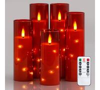 Zevanor Bougies sans flamme avec scintillement 5,5 cm x 12,5 cm, 15 cm, 17,5 cm, 20 cm, 20 cm, Bougies à piles LED en plastique rouge avec minuterie (Autonomie 600 heures, Pack de 5)