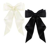ZEVONDA Grande Pince à Cheveux - Arcs à Cheveux Grand Pinces à Cheveux Big Bow avec Long Satin Soyeux Barrettes à Cheveux pour Filles Femmes, Noir + Blanc laiteux (2PCS)