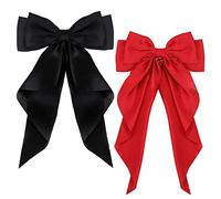 ZEVONDA Grande Pince à Cheveux - Arcs à Cheveux Grand Pinces à Cheveux Big Bow avec Long Satin Soyeux Barrettes à Cheveux pour Filles Femmes, Noir + Rouge (2PCS)