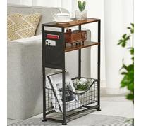 ZEXVIDA Table d'appoint étroite à 3 niveaux avec porte-revues et rangement en tissu, table de chevet fine et moderne pour petits espaces, salon, chambre à coucher (marron rustique)