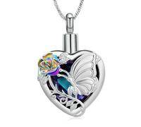 ZEZILE Collier d’urne papillon pour cendres, bijoux de crémation en rose, pendentif en cendres en cœur pour femmes, bijoux commémoratifs en acier inoxydable