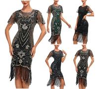 ZEZKT 2024 Flapper Robe Manches Courtes Charleston à Sequins Robe Col Rond soirée Frange Paillettée Style années 20 pour Party, Bal, Soirée, Cocktail Gatsby