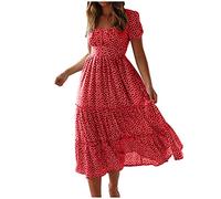 ZEZKT 2024 Robe bohème Mi - Longue Femme éTé Imprimé Polka Dot Col Rond Manches Courtes Robe éLasticité Casual Tunique Pin-Up Robe De SoiréE Chic Et Elegant sous Le Genou Robe pour FêTe
