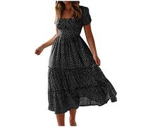 ZEZKT 2024 Robe bohème Mi - Longue Femme éTé Imprimé Polka Dot Col Rond Manches Courtes Robe éLasticité Casual Tunique Pin-Up Robe De SoiréE Chic Et Elegant sous Le Genou Robe pour FêTe